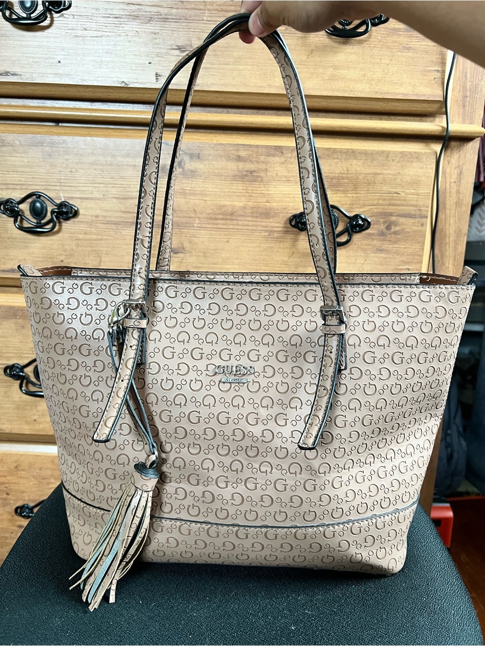 GUESS Tan/Brown Logo-Print Tote with Tassel Accent